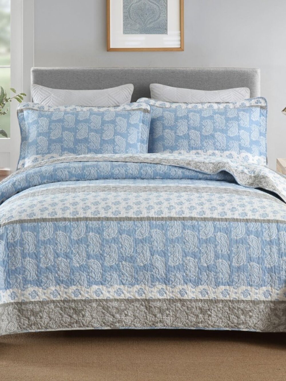 100% Cotton King Quilt Set,Blue Grey White Striped Paisley Pattern